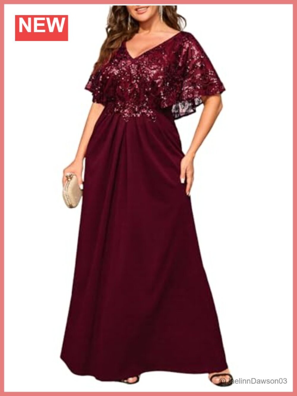 Plus Size Sequin Formal Evening Maxi Dress V-Neck Cape Sleeve